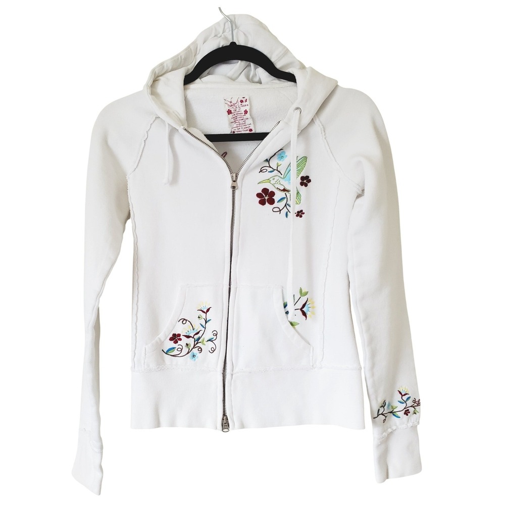 Y2K Lilu Women White Embroidered BirdFloral Zip Up Hoodie XS